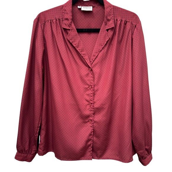 Nordstrom Town Square Vintage Red Patterned Button-Up Long Sleeve Blouse Top 14 - Picture 1 of 8